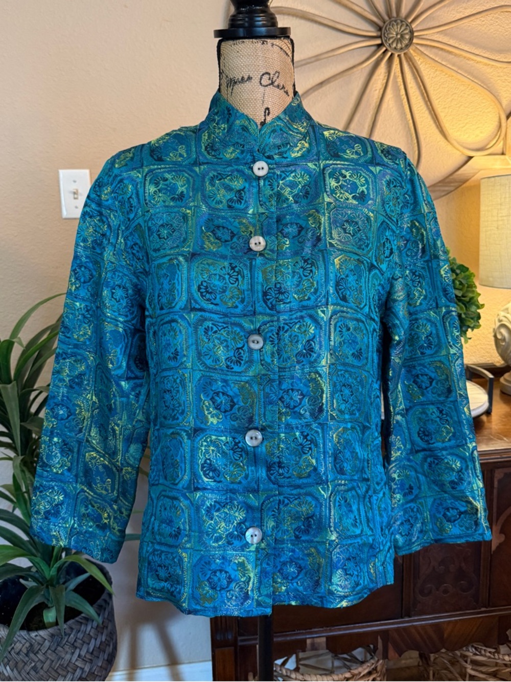 Chico's Silk Blend Teal Brocade Mandarin Collar Jacket
